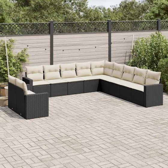 vidaXL 11-delssofasæt med hynder i polyrattan sort