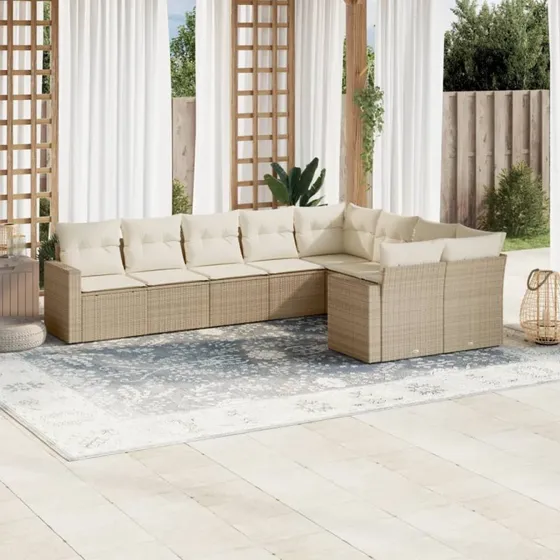 vidaXL 9-delssofasæt med hynder i polyrattan, beige