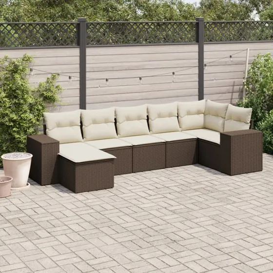 vidaXL 7-deles havesofasæt med hynder i polyrattan brun
