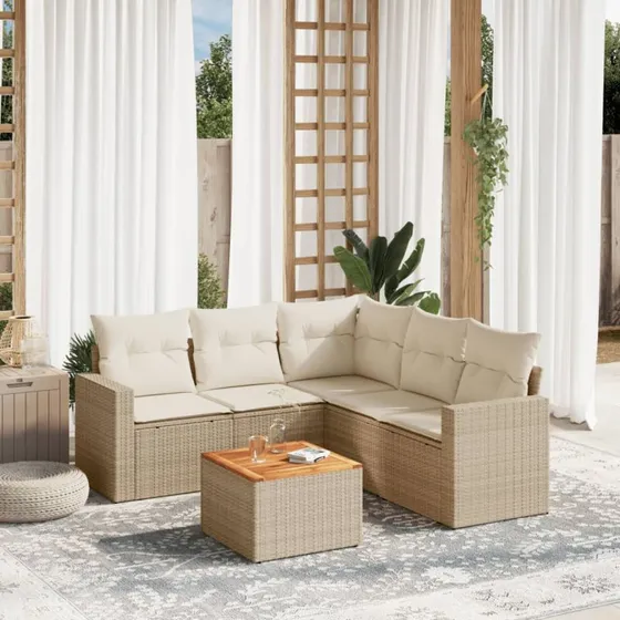 vidaXL 6-delssofasæt med hynder i polyrattan, beige