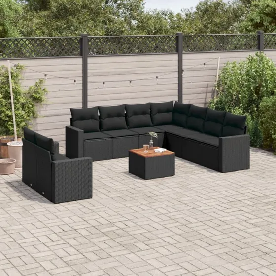 vidaXL 10-delssofasæt med hynder i polyrattan sort