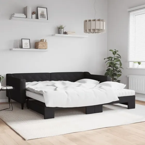 vidaXL Daybed med udtræk og madras 100x200 cm, sort