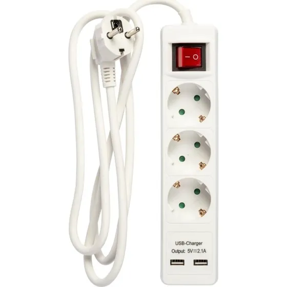 Nordic Quality 3-vægs kontakt jordet, 2x USB-A, 1,5 m