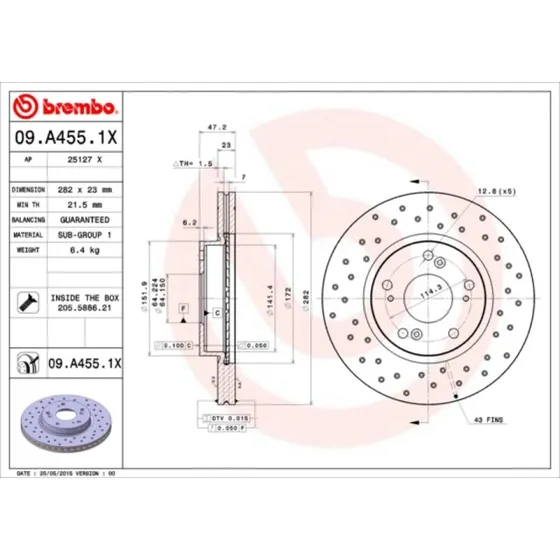 Brembo Bremseskive 09.A455.1X for Honda Civic, FR-V, Stream