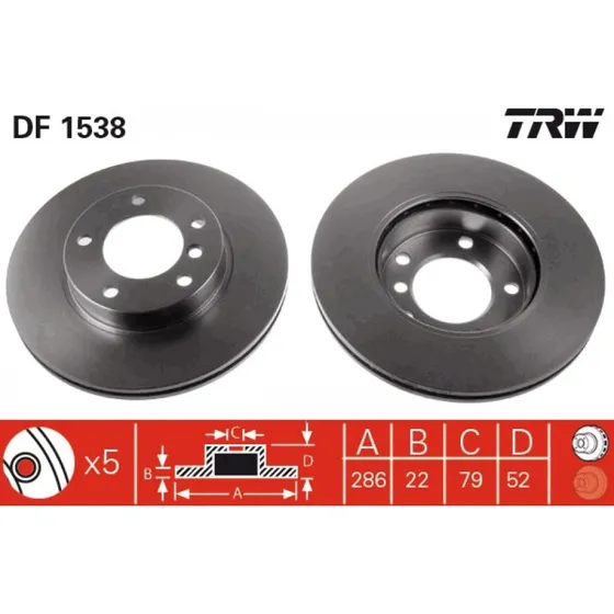 TRW Bremseskive DF1538, ventileret, sort, 286 mm, til BMW 3-serie & Z3/Z4