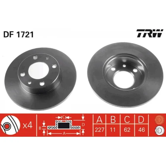 TRW Bremseskive DF1721, sort, lakeret, 228 mm