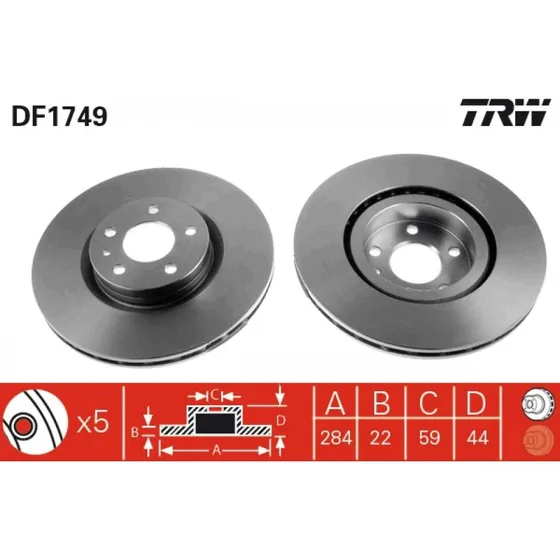 TRW Bremseskive DF1749, ventileret, sort, 284 mm, til OPEL, FIAT, ALFA ROMEO