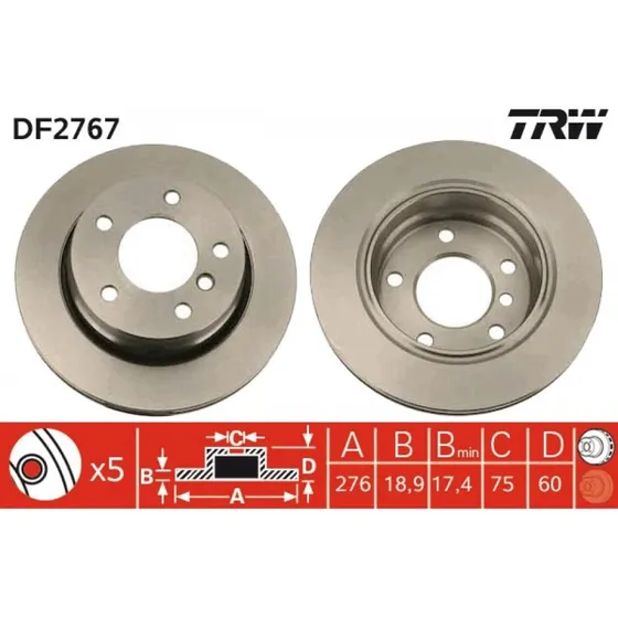 TRW Bremseskive DF2767, 276 mm, ventileret, sort, til BMW 3-serie