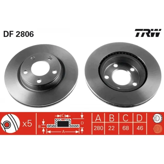 TRW Bremseskive DF2806, ventileret, sort, 280 mm
