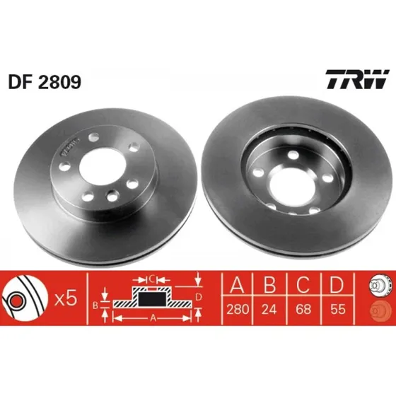 TRW Bremseskive DF2809, 280 mm, ventileret, sort, til VW T4