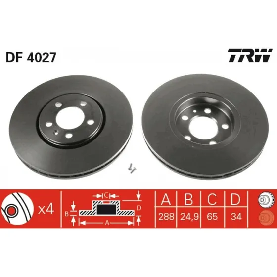 TRW Bremseskive DF4027, ventileret, sort, til VW, Audi, Skoda