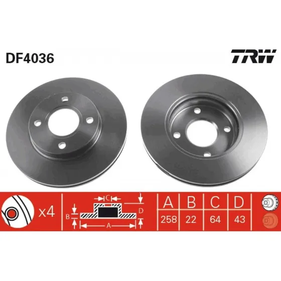 TRW Bremseskive DF4036, ventileret, sort, 258 mm