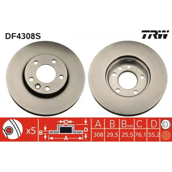 TRW Bremseskive DF4308S 308mm, ventileret, sort
