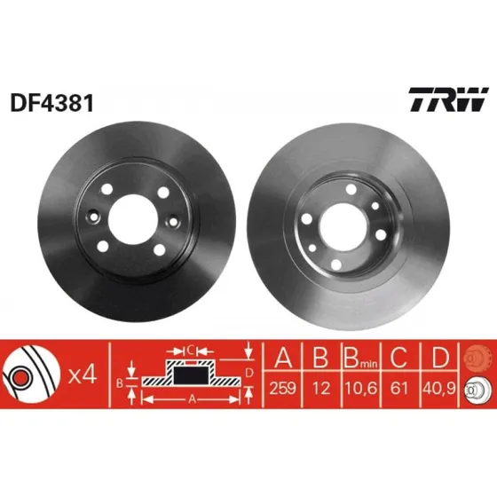 TRW Bremseskive DF4381, 259 mm, sort, lakeret, til Renault, Dacia, Smart