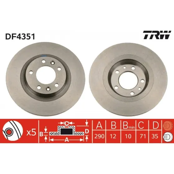 TRW Bremseskive DF4351, 290 mm, lakeret, sort, til Peugeot/Citroën