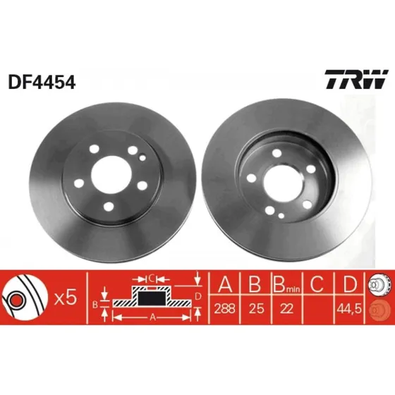 TRW Bremseskive DF4454, 288 mm, ventileret, sort, til Mercedes-Benz A- og B-Klasse
