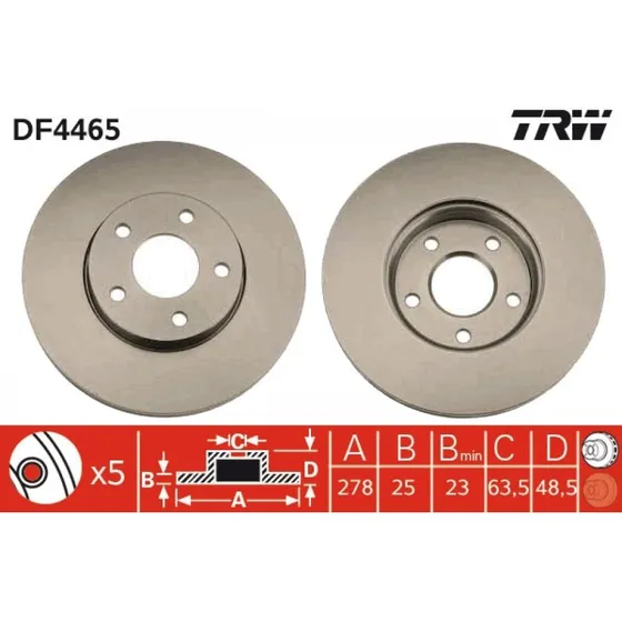 TRW Bremseskive DF4465, ventileret, 25 mm tyk, sort, til Ford & Volvo