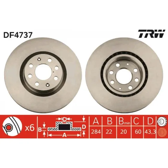 TRW Bremseskive DF4737, ventileret, sort, 284 mm, til OPEL, FIAT, VAUXHALL