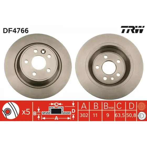 TRW Bremseskive DF4766, 302 mm, sort, lakeret, til Ford & Land Rover
