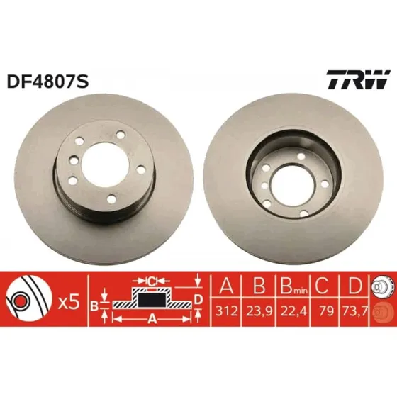 TRW Bremseskive DF4807S, 312 mm, ventileret, sort, til BMW