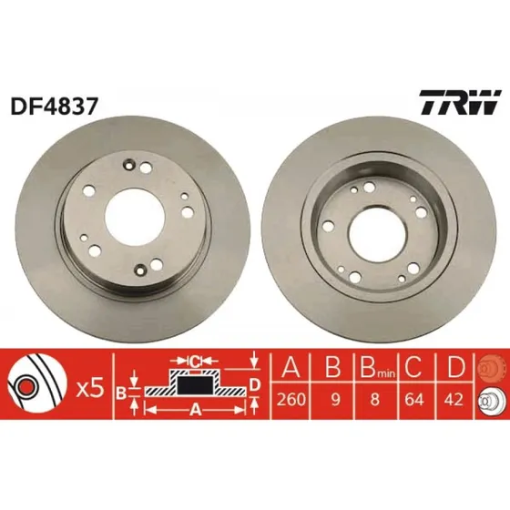 TRW Bremseskive DF4837, 260 mm, sort, lakeret, til Honda Civic IX/VIII