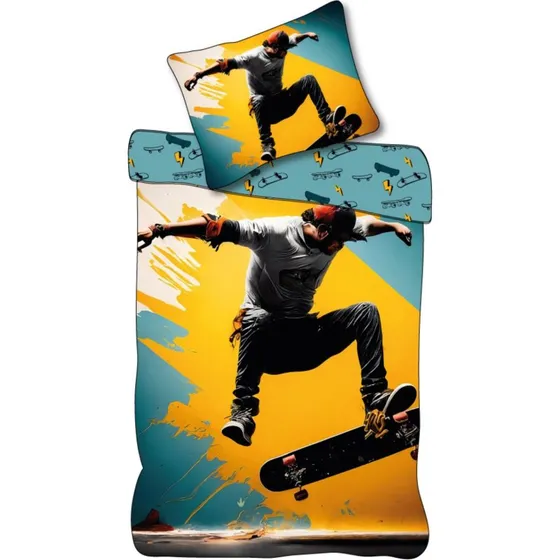 Skater Sengetøj 140x200 cm – 100% Bomuld, Gul og Blå