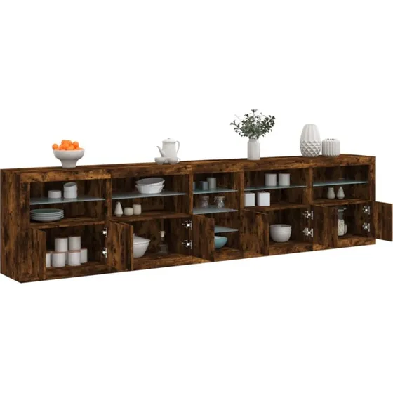 vidaXL Skænk med LED-lys 283x37x67 cm røget egetræ