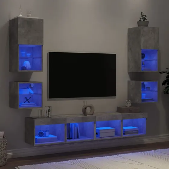 vidaXL Tv-møbel til væg 8 dele, træ, betongrå med RGB-LED