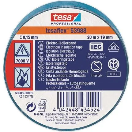 Tesaflex® 53988 Isoleringstape 20m x 19mm Blå VDE/IEC PVC