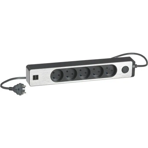 LK Stikdåse 5R USB 2, 1,5 m koksgrå/alu