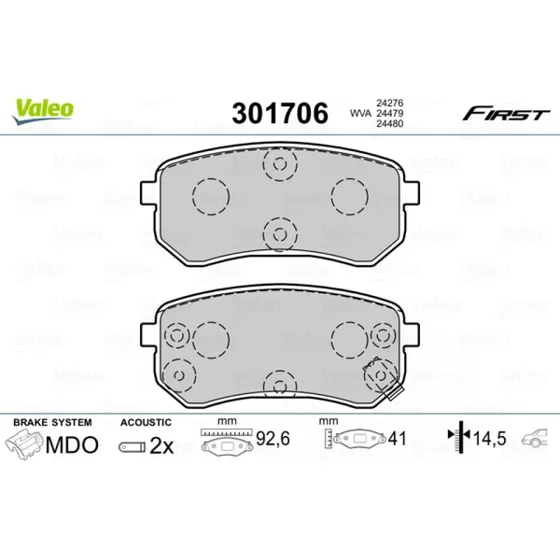 VALEO Bremseklodser 301706 til Hyundai KIA