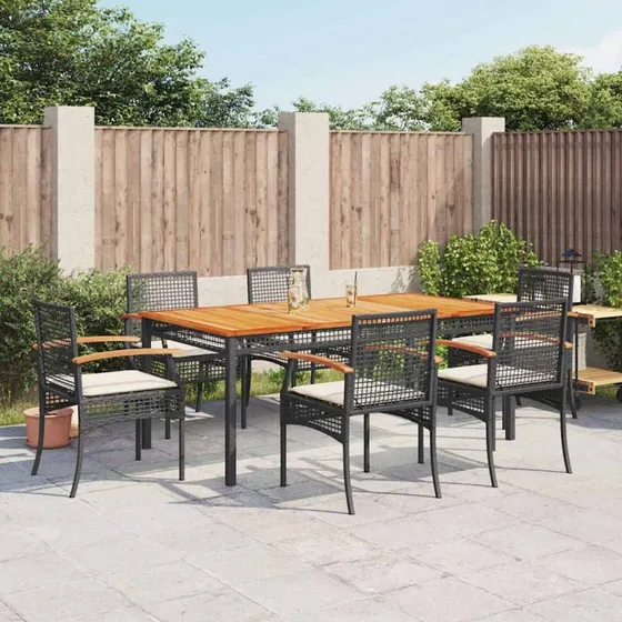 vidaXL 7-delers spisebordssæt med hynder, polyrattan sort