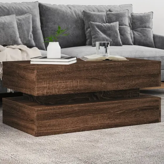 vidaXL sofabord med LED-lys 90x50x40 cm brun egetræsfarve