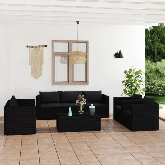 vidaXL 9-deles loungesæt med hynder i polyrattan, sort