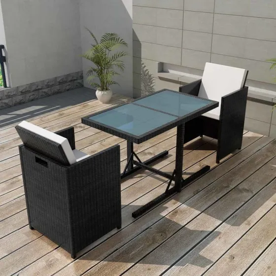 vidaXL Bistrosæt 3 dele med hynder polyrattan sort