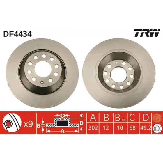 TRW Bremseskive DF4434 302mm, sort, lakeret, til AUDI A6 C6