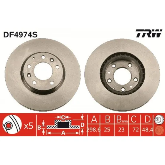 TRW Bremseskive DF4974S, ventileret, sort, 299 mm, til Mazda 6