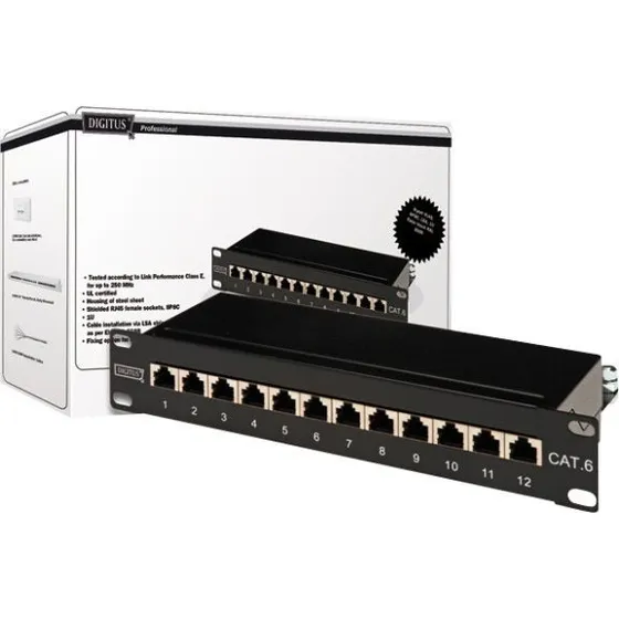 DIGITUS DN-91612S Cat6 12-Port Skærmet Patchpanel, Sort