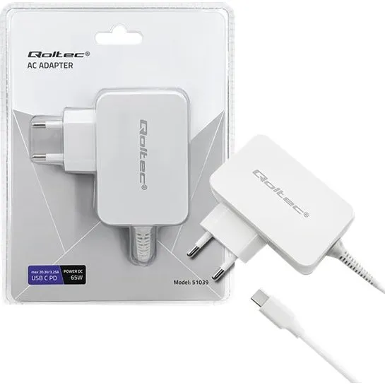 Qoltec 65W Strømforsyningsadapter EU 2-pæl hvid