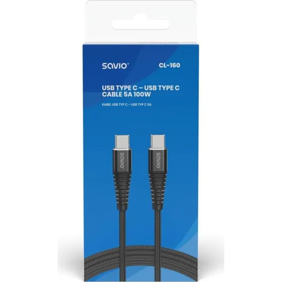 Savio CL-160 USB-C kabel 2 m, sort