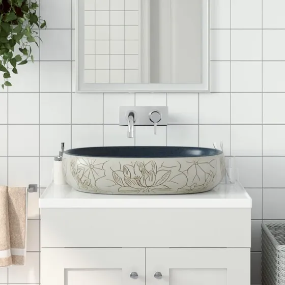 vidaXL Håndvask til bordplade 59x40x14 cm oval keramik sand/blå