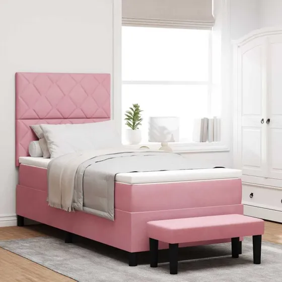 vidaXL Boxspring seng med fløjls hovedgavl, lyserød, 190 x 90 cm