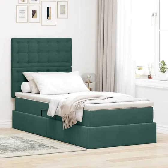vidaXL Seng med opbevaring og LED, mørkegrøn, 90 x 190 cm, fløjl