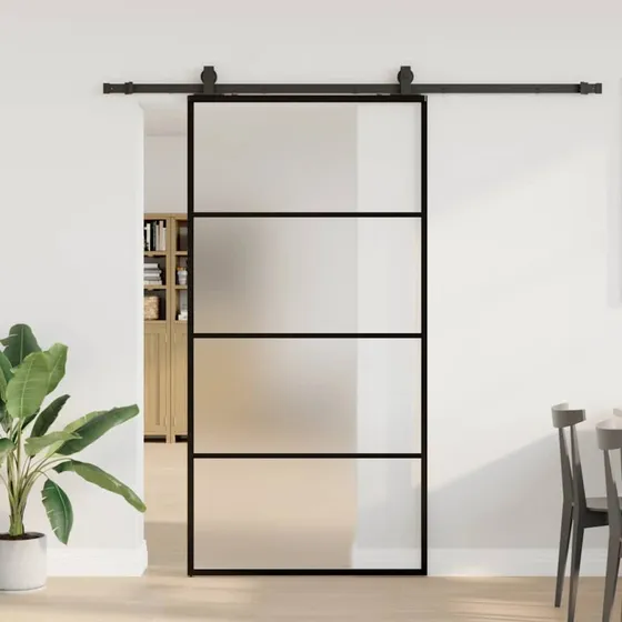 vidaXL Skydedør 102x205 cm ESG-glas sort med hardwaresæt