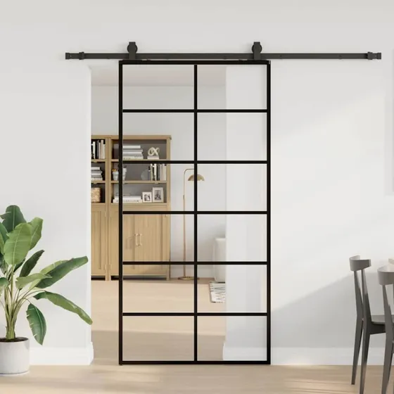 vidaXL Skydedør 102x205 cm ESG-glas sort med hardwaresæt