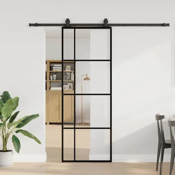 vidaXL Skydedør 76x205 cm ESG-glas sort med hardwaresæt