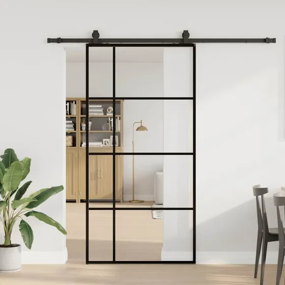 vidaXL Skydedør 102,5x205 cm ESG-glas sort med hardwaresæt