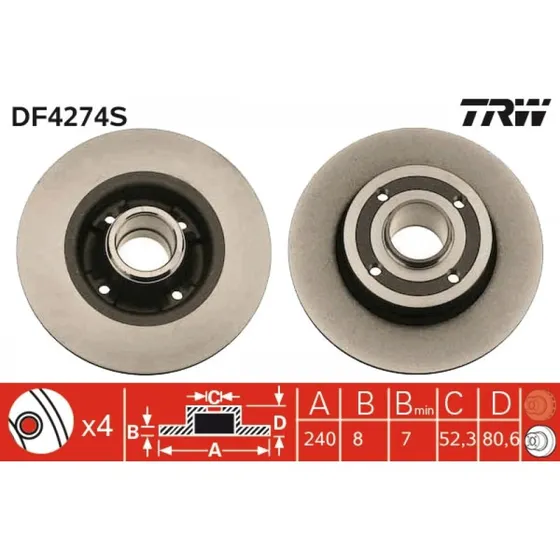 TRW Bremseskive DF4274S, sort, 240 mm, til Renault/Nissan