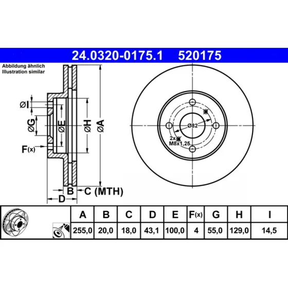 ATE Bremseskive 24.0320-0175.1, ventileret, 255 mm, foraksel
