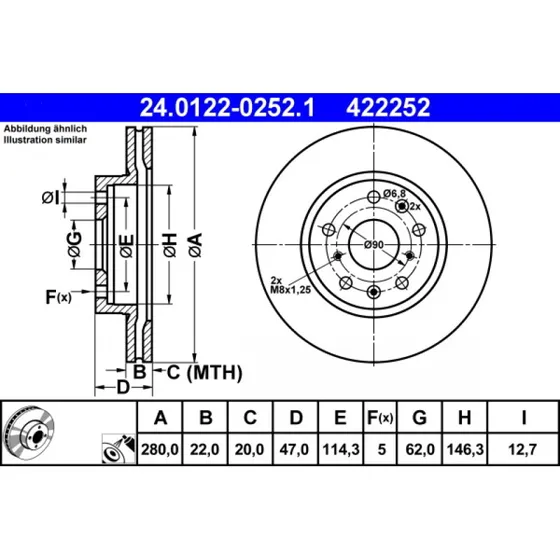 ATE Bremseskive 24.0122-0252.1 280mm ventileret for FIAT/SUZUKI